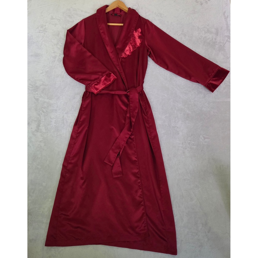 INC XS Burgundy Satin Velvet Full Length Maxi Wrap Robe Floral Vampire Goth Glam